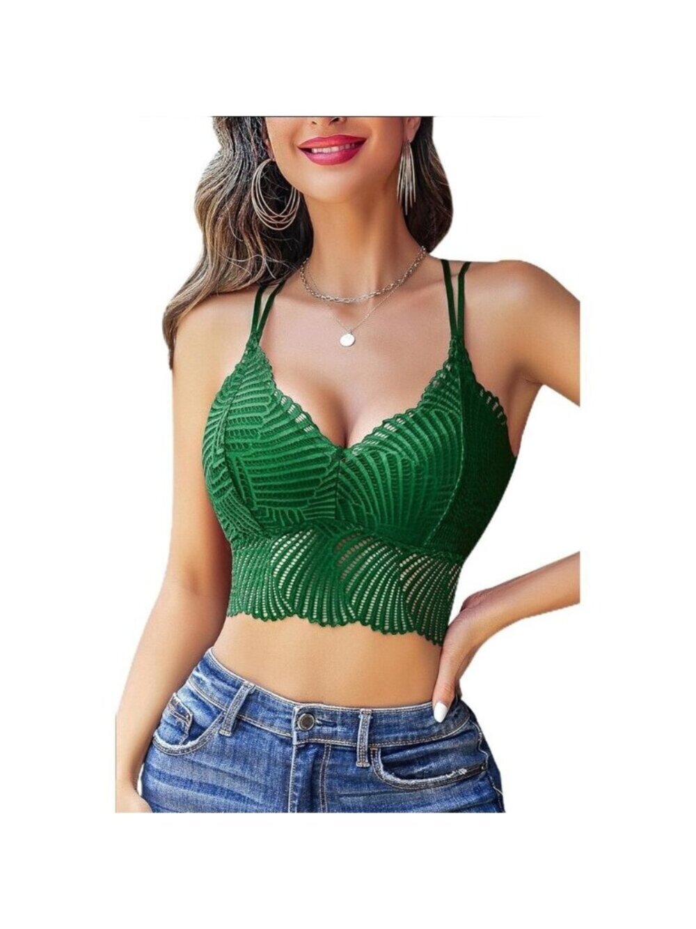 Women's Dark Green Lace Camisoles Double-layered V-neck Sexy Bralettes Crop Top